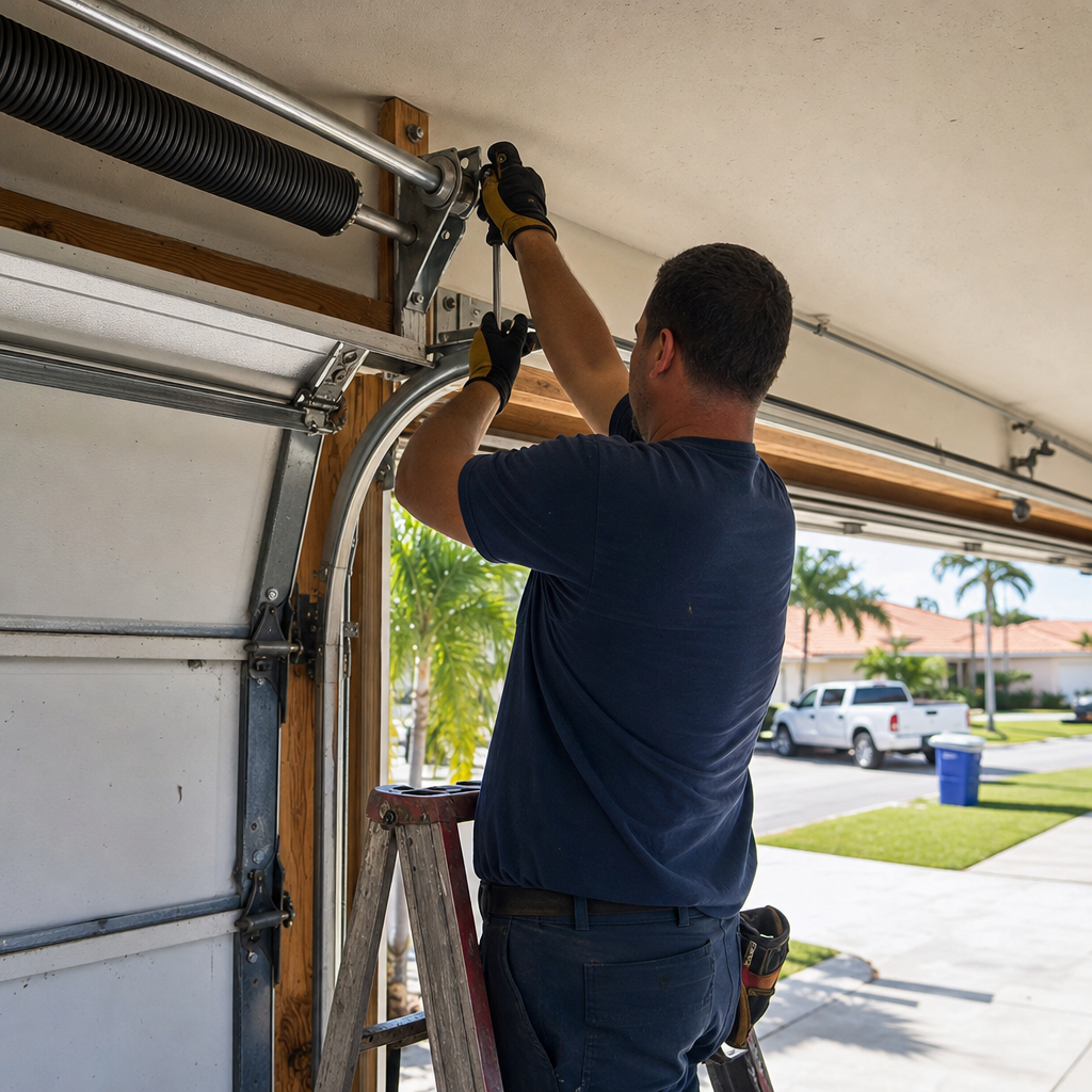 Emergency garage door repair technician working on spring system