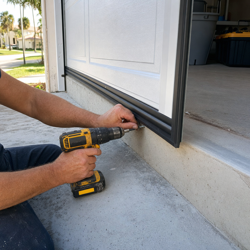 Garage door installation seal being screwed in