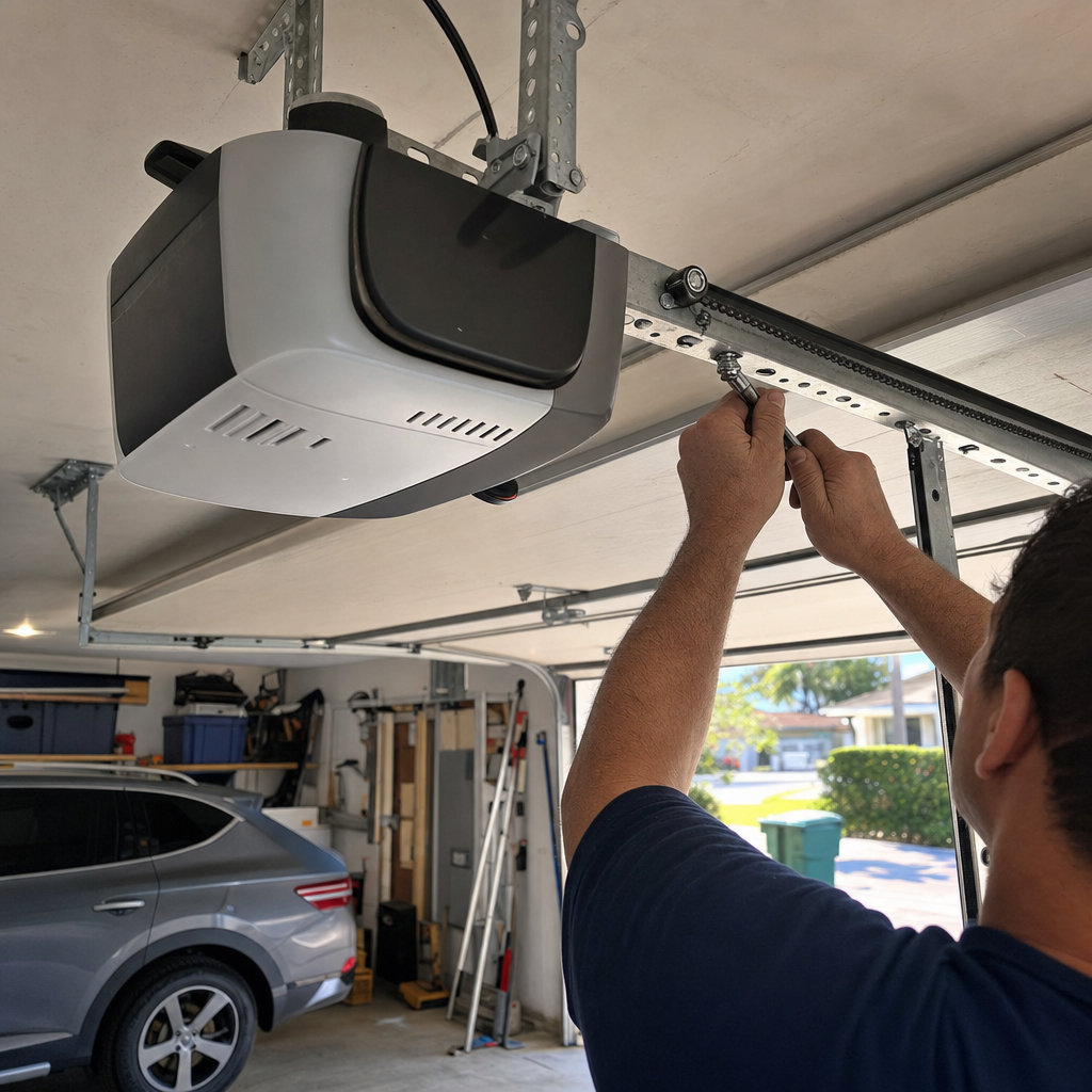 Professional installing garage door opener system