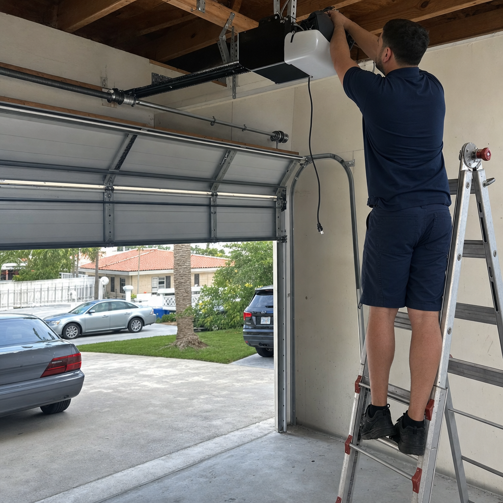 Professional installing a garage door opener
