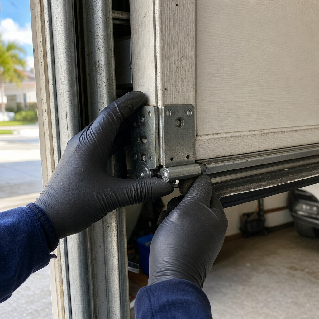 Professional installing garage door parts, focusing on hinge mechanism.