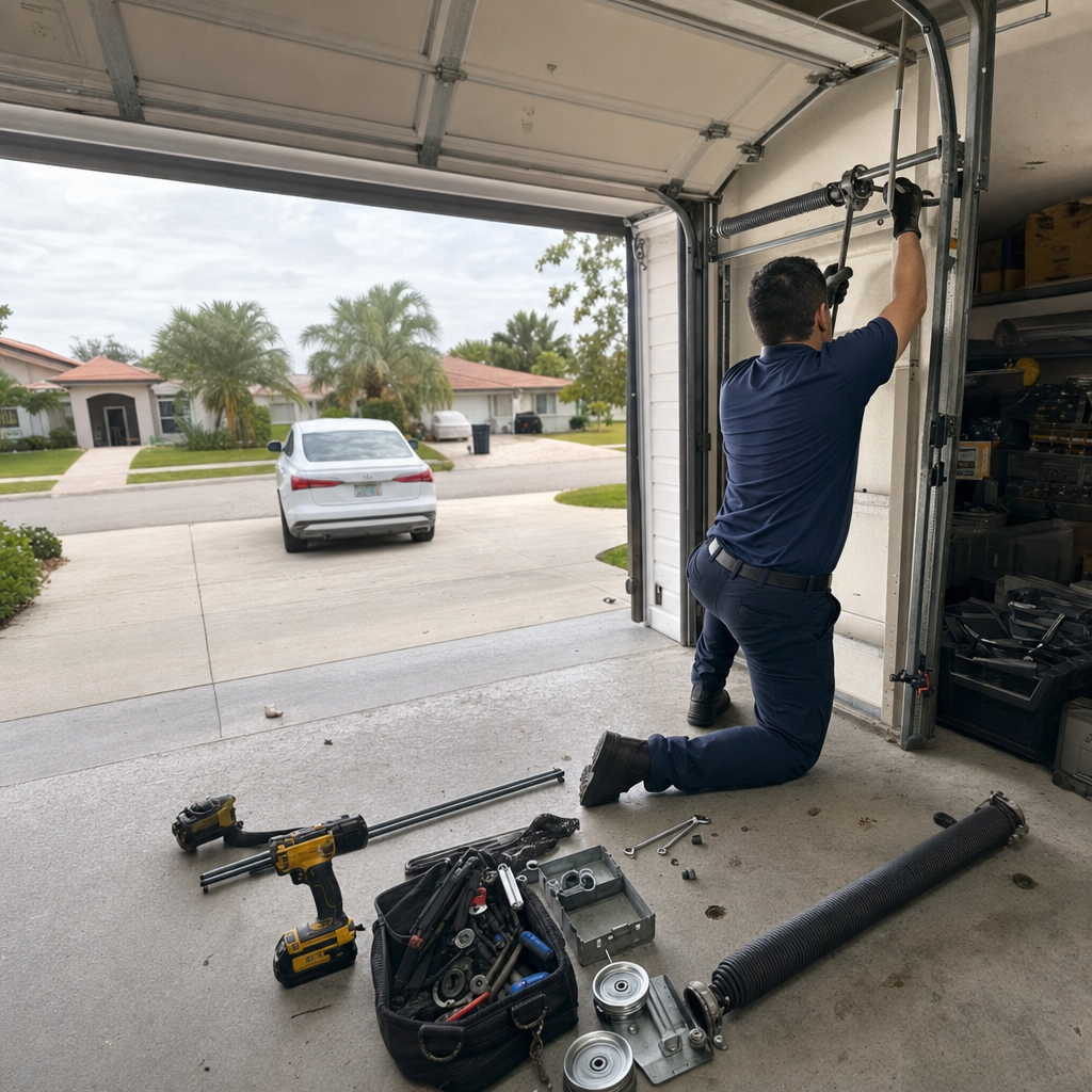 Garage door technician replacing spring with tools and parts