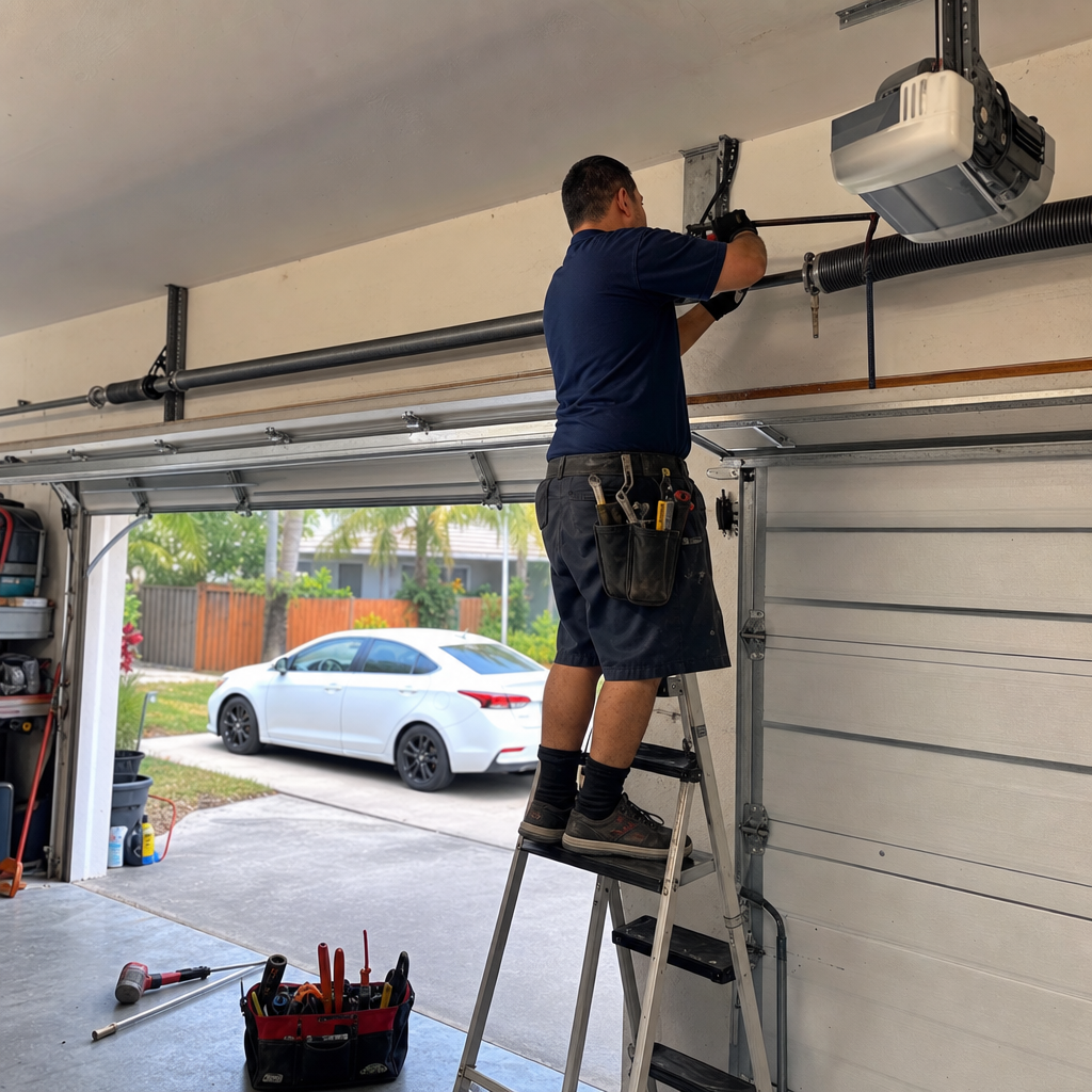 Garage door technician repairs opener mechanism on ladder